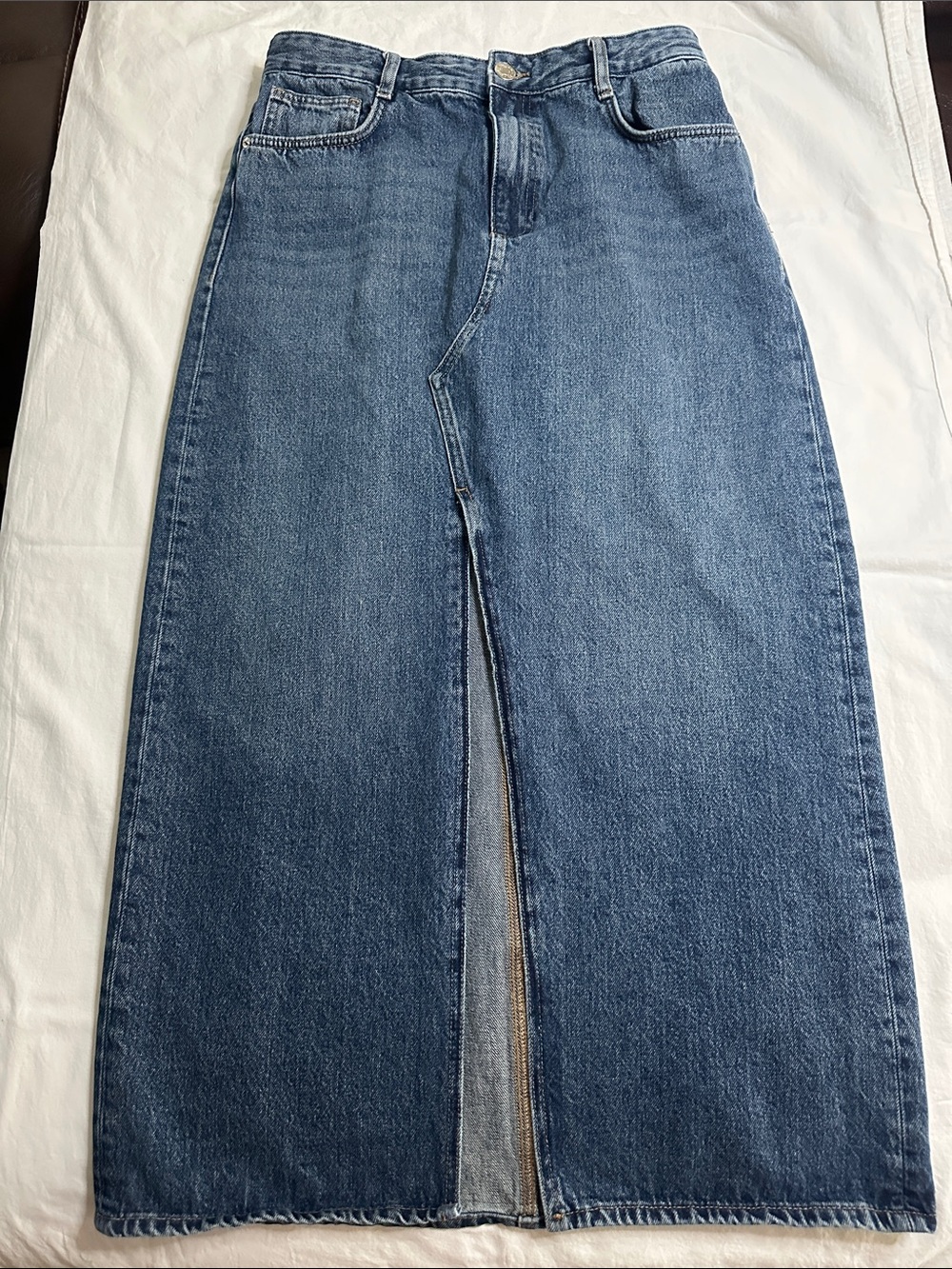 Zara High-Waist Denim Midi Skirt with Front Slit Size M